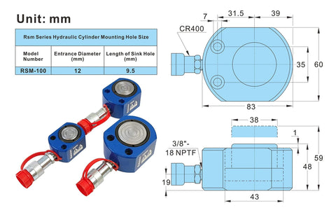 Diagram and image of 10T Hydraulic Ram Cylinder Low Profile Hydraulic Cylinder Jack Single Section Mini Jack Ram 12mm Stroke