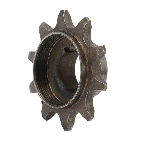 10T Iron Alloy Front Sprocket Cog for 415 Chain, rugged design for motorized bicycles, teeth close-up view, made from premium iron alloy.