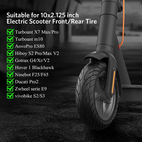 10x2.125 solid electric scooter tire on front wheel with compatibility list for Gotrax G4 Xr V2 Ninebot F25 F65