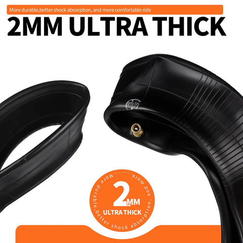 Close-up of 2mm ultra-thick 10x2.125 inner tube for electric scooters, showing 0° straight valve stem and durable rubber material.