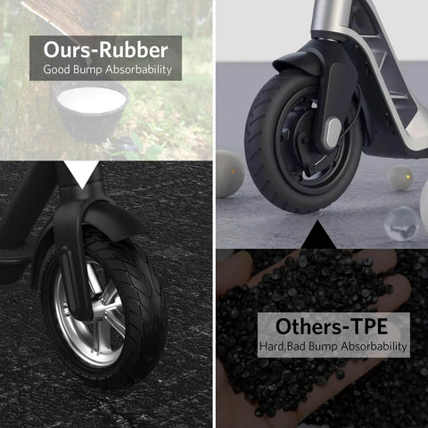 10x2.125 Scooter Tire, solid rubber front tire comparison with TPE, demonstrating good bump absorbability on electric scooters.