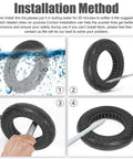 Installation method for 10x2.125 Scooter Tire, 10 inch Solid Rubber Tires Tubeless; sequence showing steps to fit tire on scooter rim