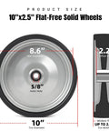 Front view of 10"x2.5" flat-free solid wheel showing 8.6" rim diameter, 5/8" axle hole, and 2.2" offset hub dimensions.