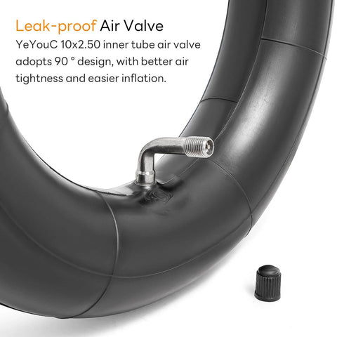 Heavy Duty 10x2.50 Thicker 40% Butyl Inner Tube with CR202 90° Bent Valve Stem, showing valve and cap