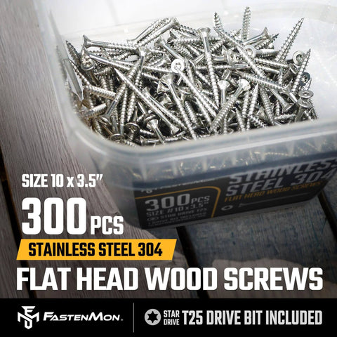 #10 x 3-1/2 Stainless Steel Deck Screws, 304 Grade, 300 PCS with T25 Star Drive Bit - Ideal for Outdoor Wood Projects, Fences, Benches, Picnic Tables, and Decks, Bulk Box.