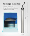 11 Blade Deburring Tool With Premium High Speed Steel Blades and ergonomic anodized aluminum handle next to storage box
