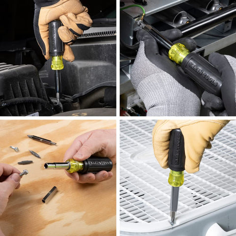 11 In 1 Screwdriver And Nut Driver Set With 8 Bits Including Phillips Slotted Torx And Square, 3 Nut Driver Sizes, Cushion Grip Handle For Comfort And Precise Control In Home, Workshop Or DIY Projects being used on various surfaces and equipment.