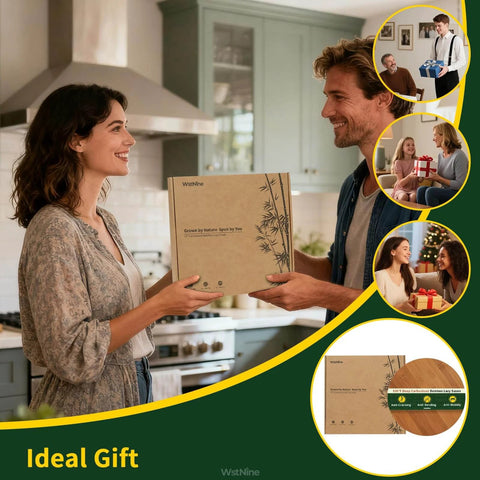 Couple exchanging an 11 inch carbonized bamboo lazy susan organizer with non slip base, showcasing ideal gift moment.