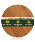 11 inch carbonized bamboo lazy susan organizer with non slip base, rotating turntable view of top surface with features.