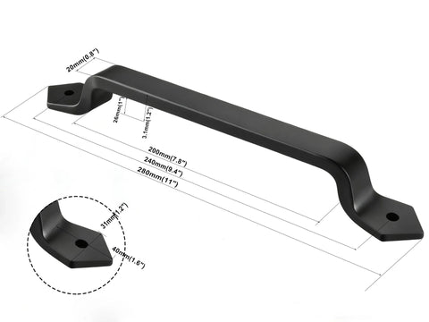 Heavy Duty Cast Iron 11-Inch Barn Door Handle For Sliding Doors with mounting dimensions and close-up detail