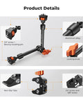 11 Inch Magic Arm Clamp Kit with ARRI 1/4 and 3/8 Inch Screws, aluminum alloy material, locking knob, non-slip tabs, and bouncy locating pin.