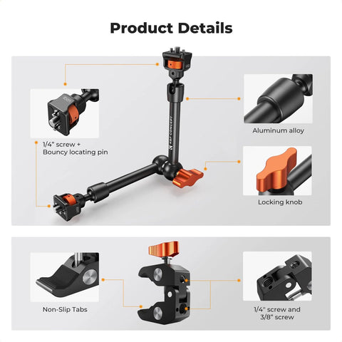 11 Inch Magic Arm Clamp Kit with ARRI 1/4 and 3/8 Inch Screws, aluminum alloy material, locking knob, non-slip tabs, and bouncy locating pin.