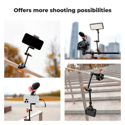 11 Inch Magic Arm Clamp Kit with ARRI One Quarter and Three Eighths Inch Screws, 360 Degree Ball Head, mounting cameras and lights