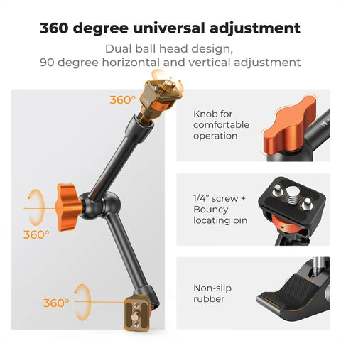 11 Inch Magic Arm Clamp Kit with ARRI One Quarter and Three Eighths Inch Screws, 360 Degree Ball Head, close-up features