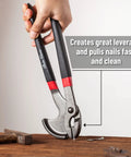 11 Inch Cats Paw Nail Puller Tool For Easy Nail Removal With High Carbon Steel Construction And Soft Grip Pliers shown in use