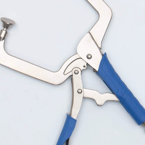 Effortless 11 Inch Quick Release Pocket Hole Clamp Set for 90 Degree Corner Joints with blue handles and metal jaws