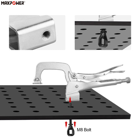 11 Inch Bench Clamp Set For Welding Tables With Inserta Pliers And Table Mount Locking C Clamps Pack Of 2 shown in use on table