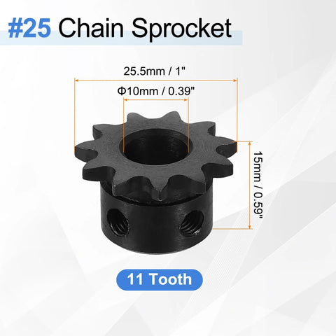 2 Pack Size 25 Chain Roller Sprocket 11 Tooth 10mm Bore For ISO 04C Roller Chain C45 Carbon Steel With Black Oxide Finish and Set Screws