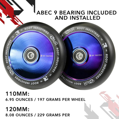 110mm AIR Scooter Wheels Black Blu Ray Lightweight Durable Pro Scooter Wheels with ABEC 9 bearings installed for smooth performance.