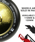 Close-up of 110mm AIR Scooter Wheels Black Gold with text about size options and pairs