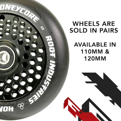 Close-up of 110mm Honeycore Pro Scooter Wheels Black on Black, featuring lightweight honeycomb core design and durable construction.