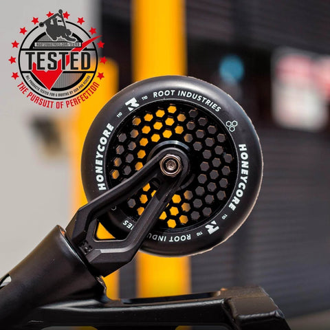 Close-up of 110mm Honeycore Pro Scooter Wheels Black on Black Lightweight Durable Design for Smooth Control Easy Installation