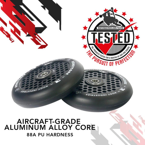 110mm Honeycore Pro Scooter Wheels Black on Black with honeycomb-style core, aircraft-grade aluminum, and 88A PU hardness.