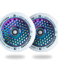 110mm Pro Scooter Wheels Pair White Rocket Fuel with Bearings Installed, lightweight design, shown with decorative honeycomb centers