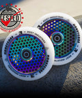 110mm Pro Scooter Wheels Pair White Rocket Fuel with Bearings Installed on concrete background, featuring hexagonal pattern and logo.