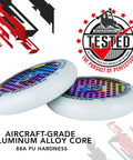 110mm Pro Scooter Wheels Pair White Rocket Fuel with Bearings Installed shown with aluminum alloy core and 88A PU hardness