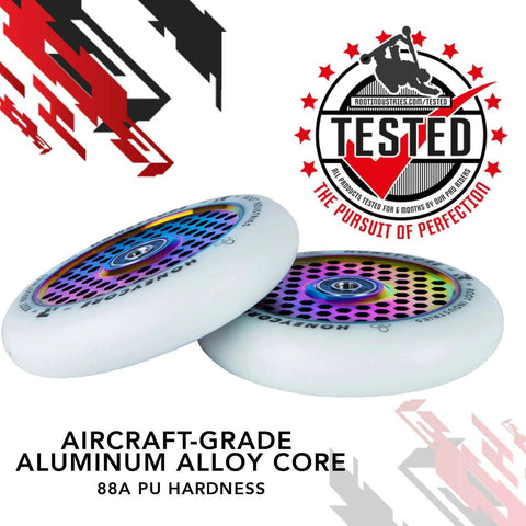 110mm Pro Scooter Wheels Pair White Rocket Fuel with Bearings Installed shown with aluminum alloy core and 88A PU hardness