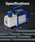Sparkproof 110V HVAC Vacuum Pump And AC Manifold Gauge Kit with 3.5 CFM, 1/4 HP, shown with specifications and dimensions.