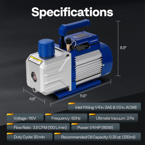 Sparkproof 110V HVAC Vacuum Pump And AC Manifold Gauge Kit with 3.5 CFM, 1/4 HP, shown with specifications and dimensions.