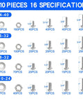 1110 Pcs Stainless Steel Nuts and Bolts Assortment Kit with #4 40 #6 32 #8 32 #10 24 specifications and quantity overview