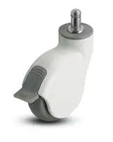 Heavy Duty 3 Inch Grip Ring Stem Caster With One Touch Secure Brake And Classic White Nylon Body, side view showcasing grip ring and brake.