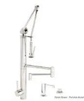 Slick Satin Nickel Gantry Kitchen Faucet With Eighteen Inch Articulated Spout Smooth Glide Single Handle Design, featuring three piece suite.