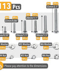 Diagram showing 113 Piece Bolts Nuts And Washers Assortment Kit Galvanized Iron Hardware Set For Home Repair with sizes and quantities.