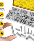 Close-up of 115 Pcs #8-32 Machine Screws Assortment Kit with Phillips Pan Head, showcasing stainless steel screws in organizer.