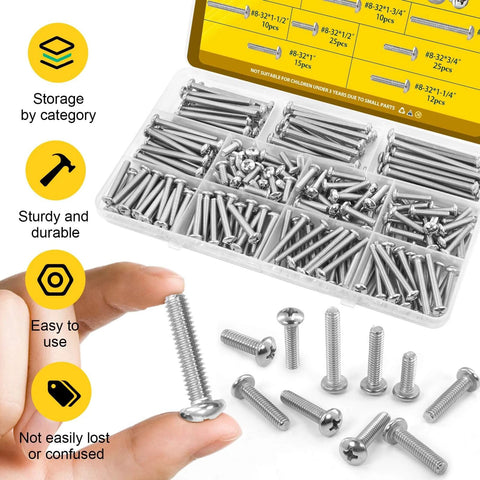Close-up of 115 Pcs #8-32 Machine Screws Assortment Kit with Phillips Pan Head, showcasing stainless steel screws in organizer.