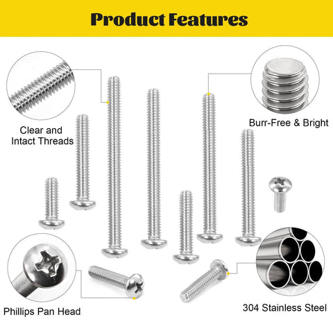 115 Pcs #8-32 Machine Screws Assortment Kit with Phillips Pan Head 304 Stainless Steel Screws in Lengths from 1/2 to 2 Inches features.