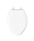White elongated toilet seat with closed lid and metal hinges.