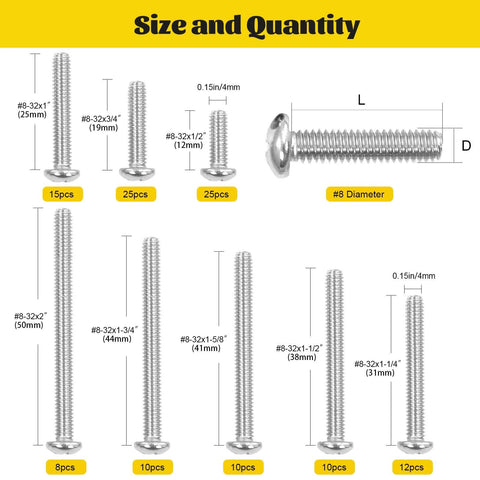 115 Pcs #8-32 Machine Screws Assortment Kit showing sizes and quantities of Phillips Pan Head 304 Stainless Steel Screws.