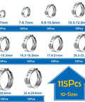 115Pcs 10 Sizes 304 Stainless Steel Single Ear Hose Clamps Set With Ear Clamp Pliers Crimp Hose Clamps Assortment Kit For Auto Vehicles Home Appliance Plumbing Pipes Fuel Lines Stepless Clamp Range 6 to 28.6mm, sizes and counts diagram