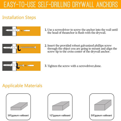 Installation steps for 116 pcs self drilling drywall anchors and screws kit with 58 zinc alloy sheetrock anchors in various wallboards