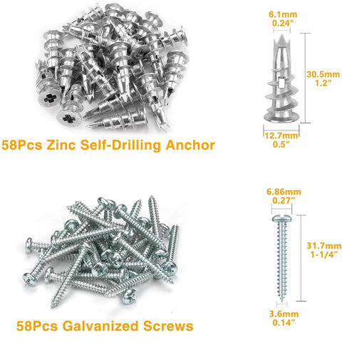 116 pcs self drilling drywall anchors and screws kit with 58 zinc alloy sheetrock anchors and 58 #6 x 1-1/4 inch screws