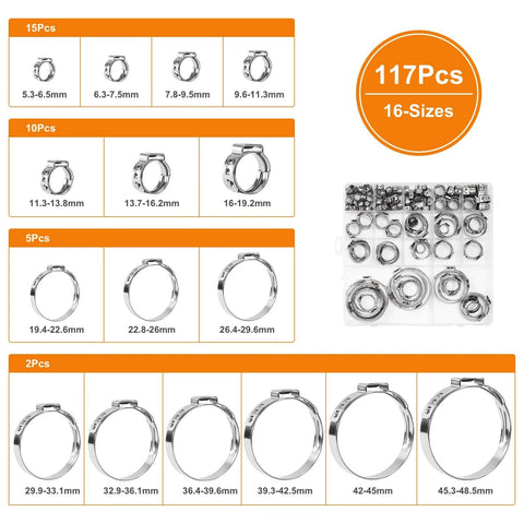 117 Piece 16 Size Single Ear Hose Clamp Kit In 304 Stainless Steel With Ear Clamps 6.5 To 48.5 Mm For Automotive Plumbing And Home Appliances