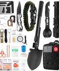 118-In-1 Survival Kit For Outdoor Adventurers And Weekend Preppers Military-Grade Emergency Gear Bundle With First Aid Supplies Disaster Readiness Kit For Car Home And Office Ready For Any Adventure, tools and supplies displayed including shovel and flashlight