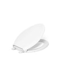 Elongated white toilet seat with hinges and lid; side view.