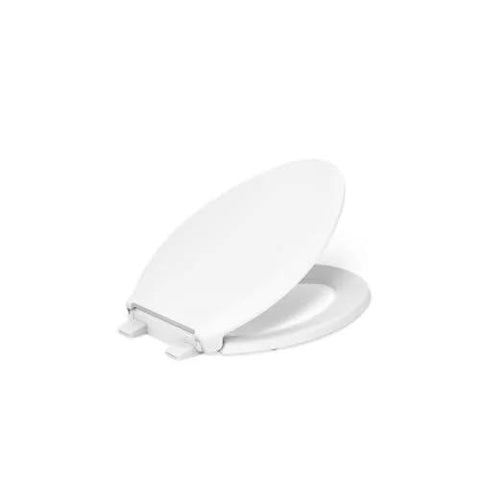 Elongated white toilet seat with hinges and lid; side view.