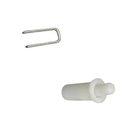 Kickass Window Shutter Repair Kit With 12 Rugged Tilt Rod Louver Staples Plus 12 Snappy Spring Loaded Replacement Pins, showing a steel staple and plastic pin.